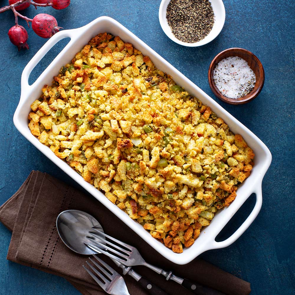 cornbread salad in a white casserole dish