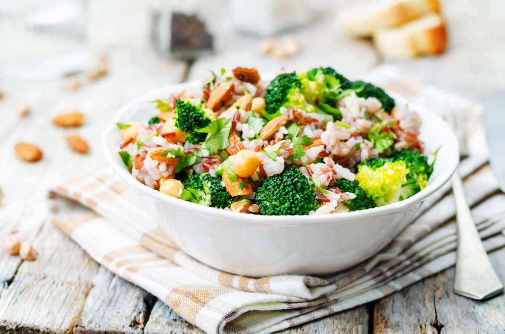 broccoli chickpea cilantro almond white and red rice