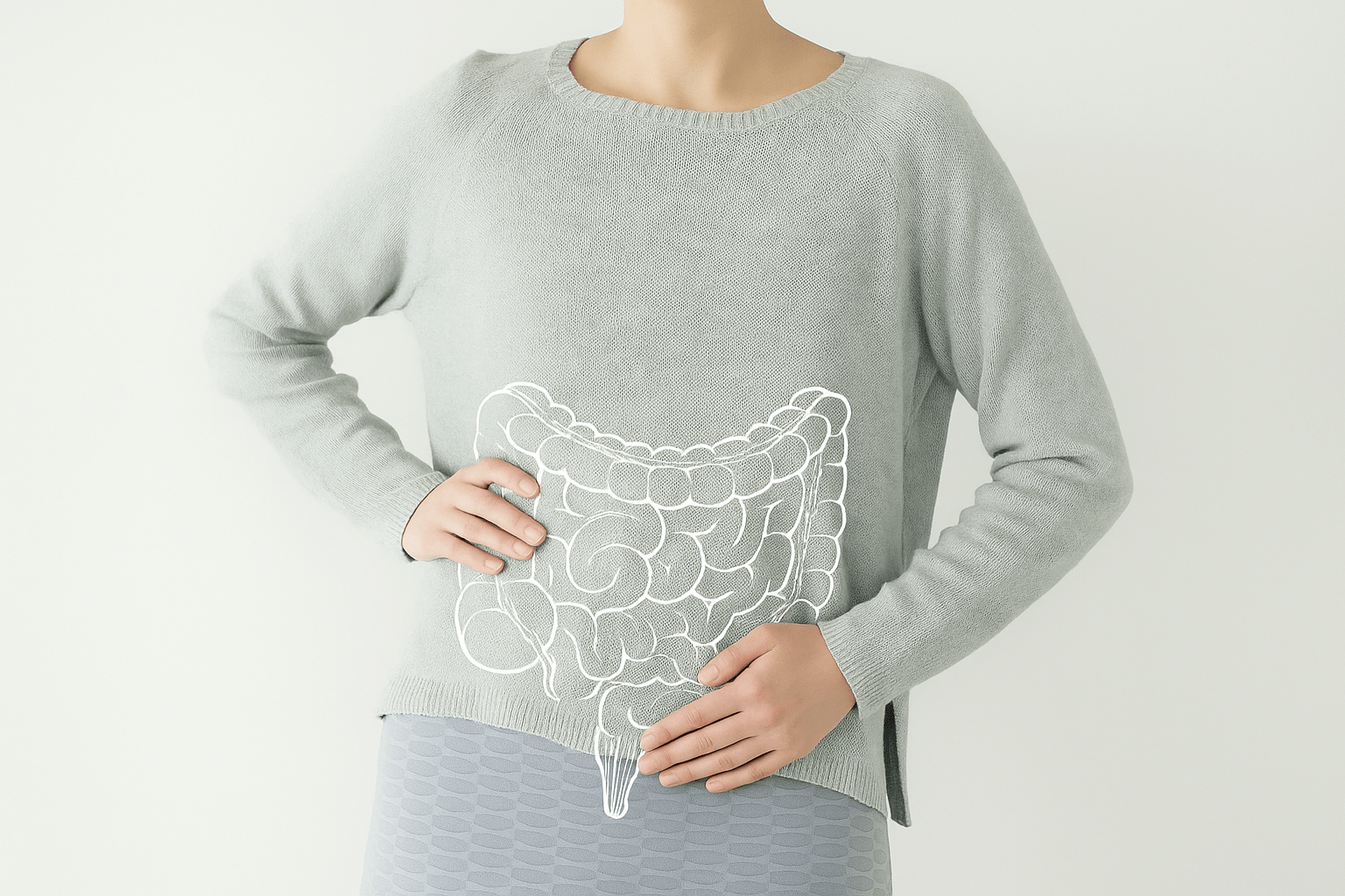 Ilustração do intestino e cólon sobreposto ao abdômen de paciente, representando Coloproctologia