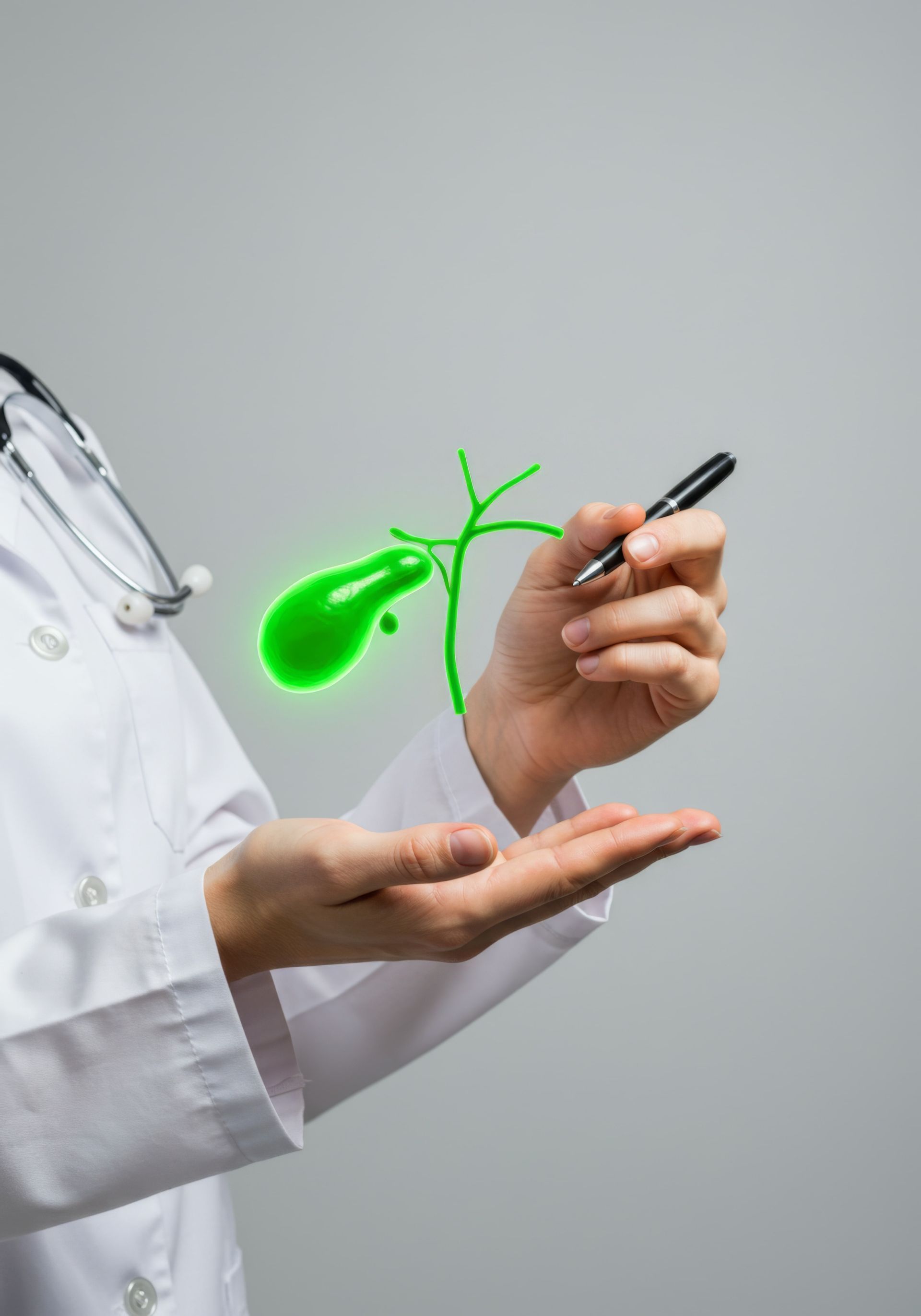 Médico segurando representação holográfica da vesícula biliar em verde, ilustrando Cirurgia da Vesícula Biliar

