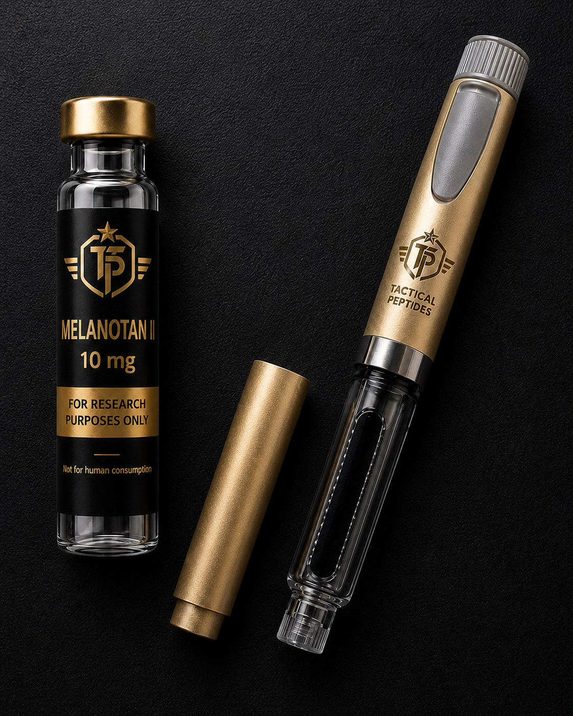Black bottle labeled “Tactical Peptides Melanotan II 10mg” with copper cap on dark background