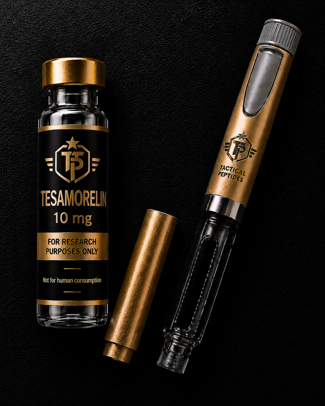 Black bottle of Tactical Peptides Tesamorelin 10mg on a dark, moody background
