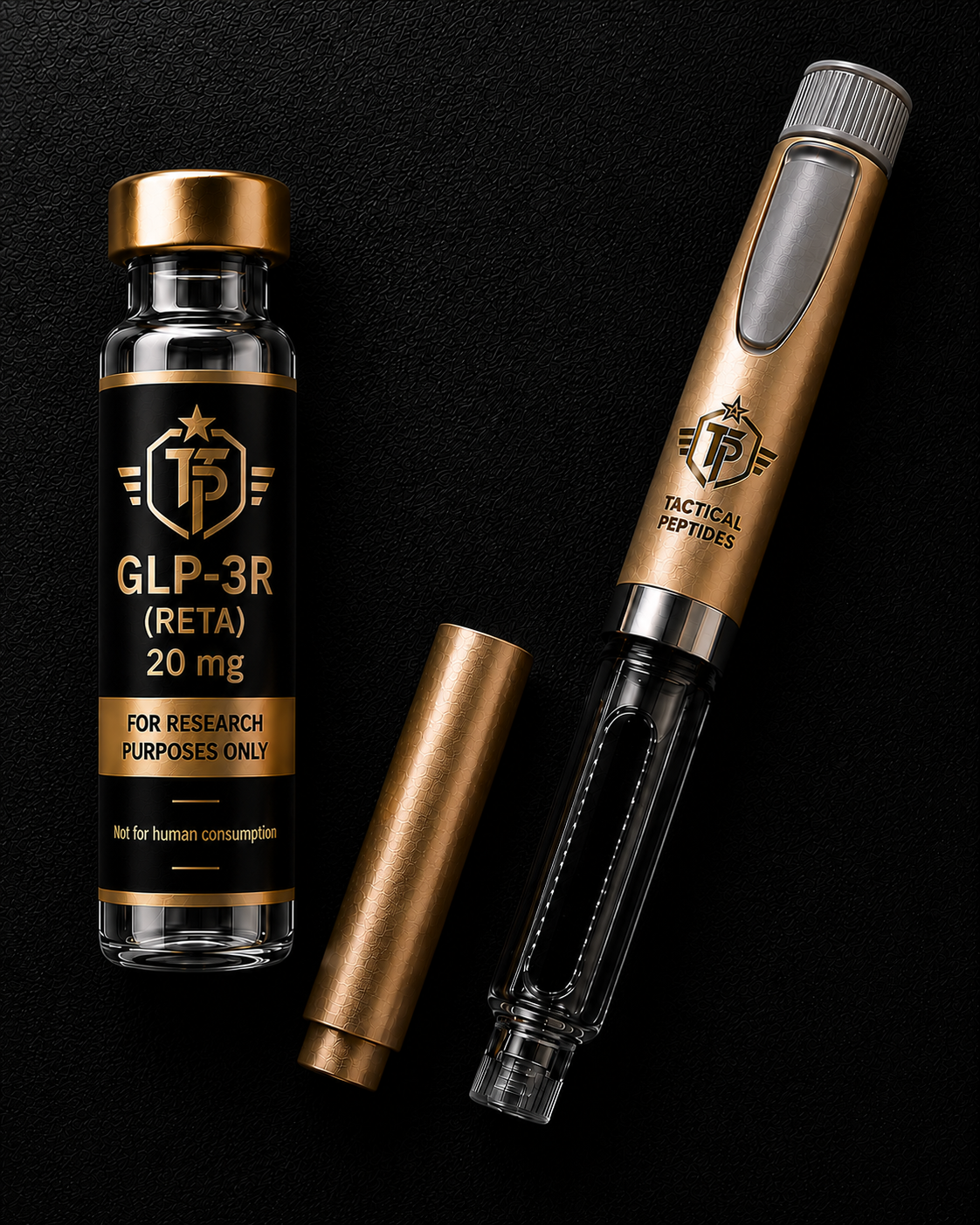 Black supplement bottle labeled “GLP-3R 20MG” with Tactical Peptides logo on a dark background