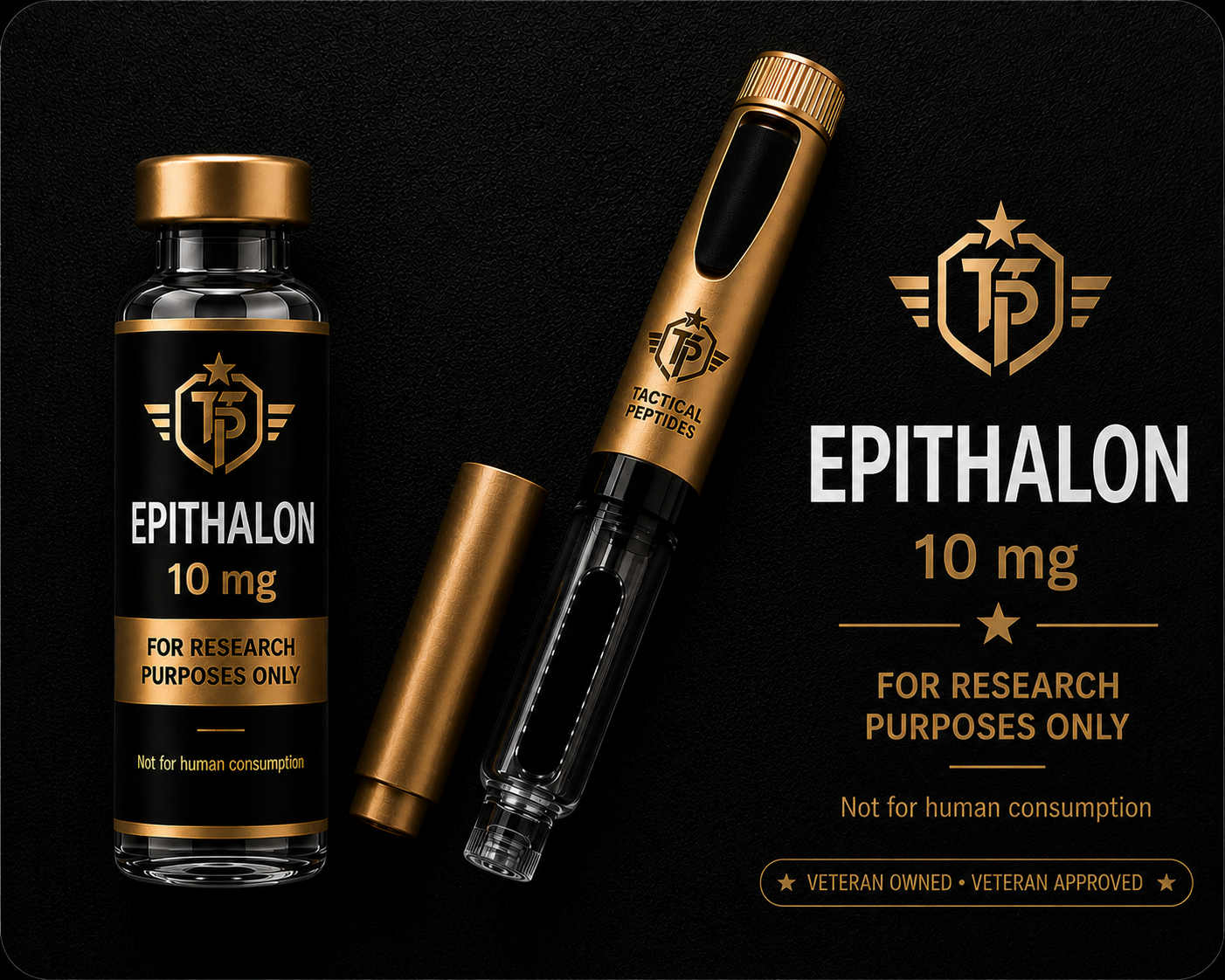 Black supplement bottle labeled “TACTICAL PEPTIDES EPITHALON 10MG” with copper cap on dark background