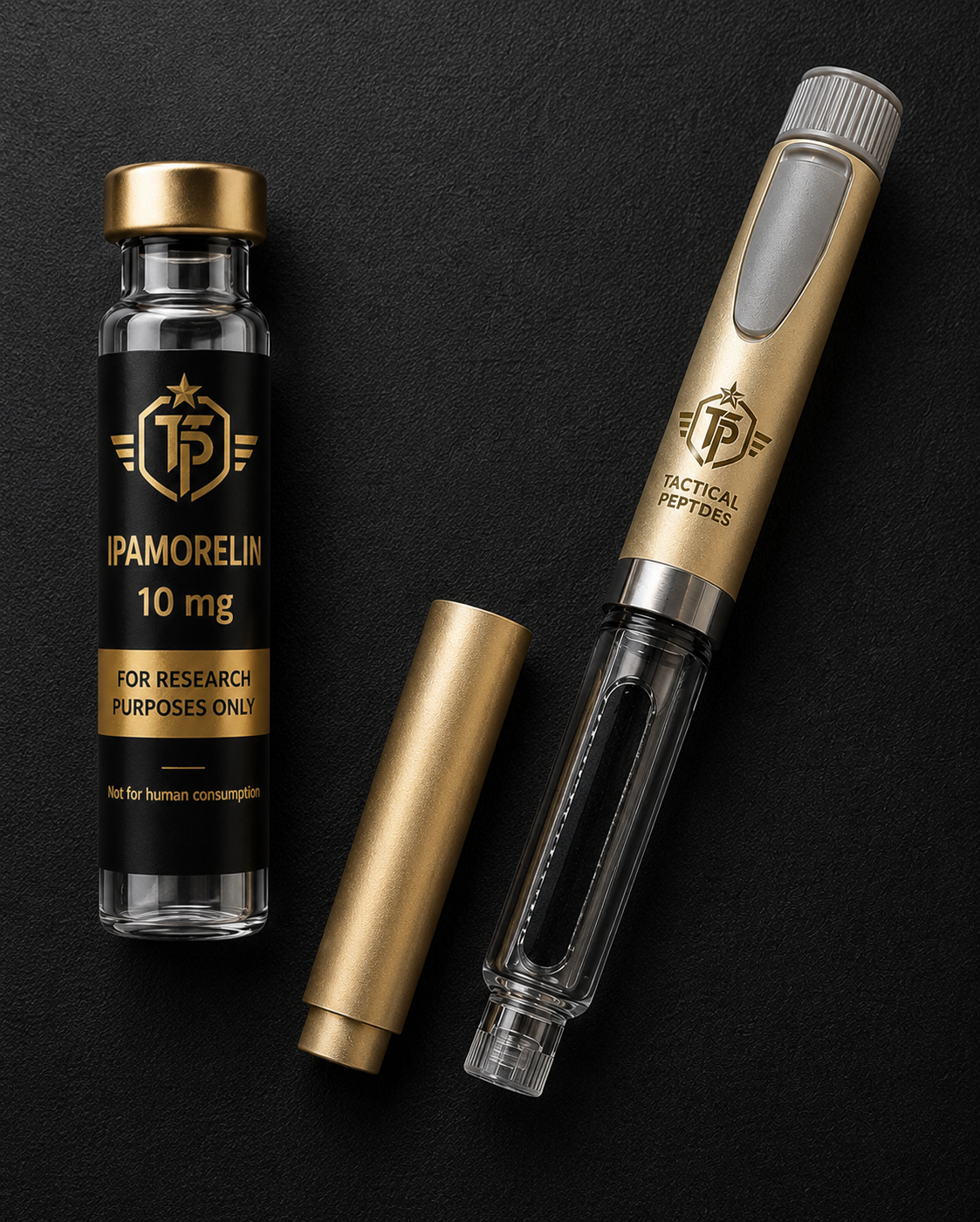 Black Tactical Peptides Ipamorelin 10mg vial with copper cap on dark military-themed background