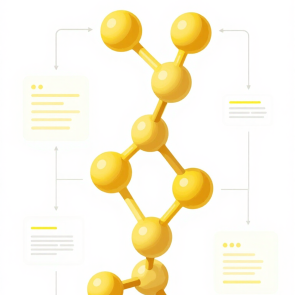 Gold molecular chain with connected spheres and small diagram labels on a white background