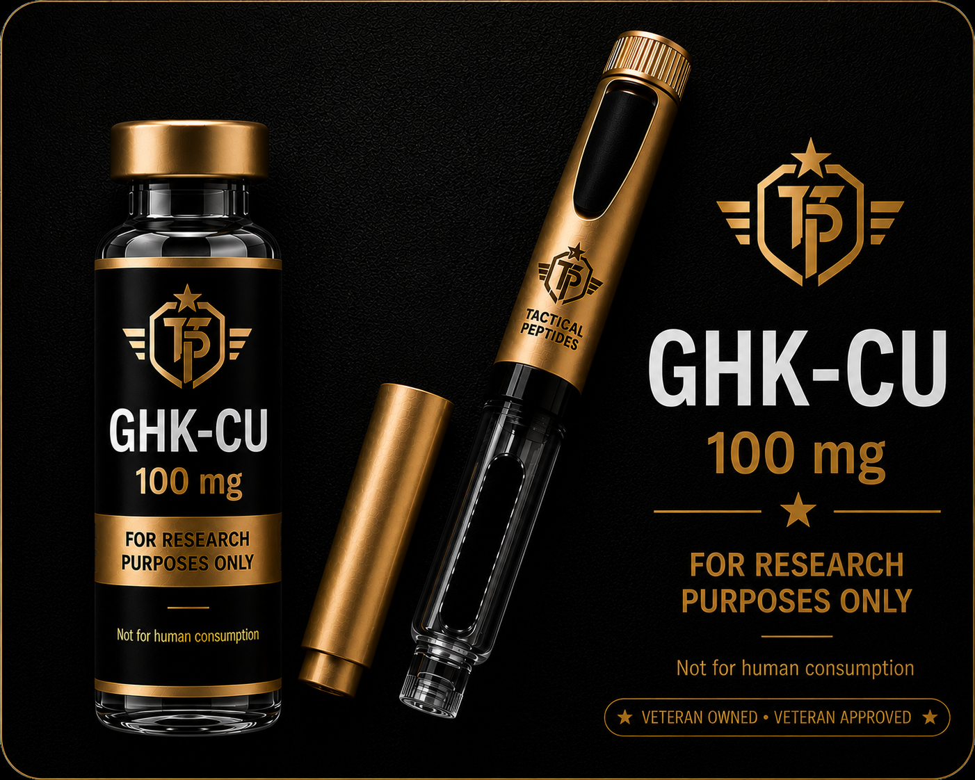 Dark supplement bottle labeled “TACTICAL PEPTIDES GHK-CU 100MG” on a dark background