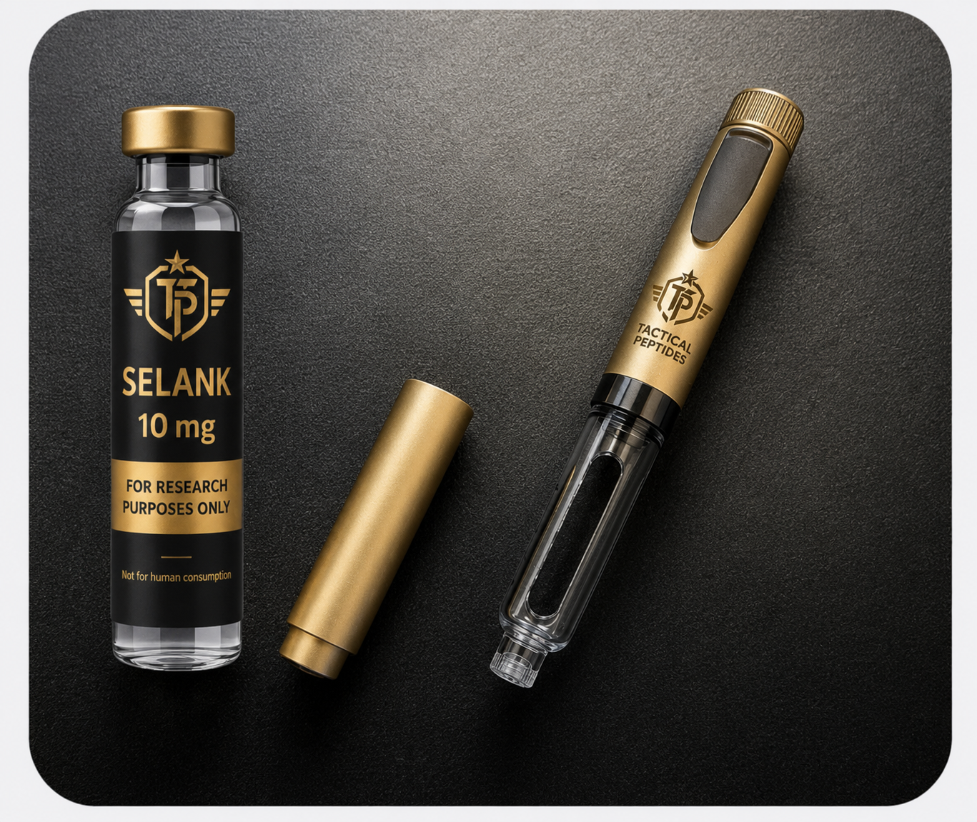 Tactical Peptides SELANK 10mg supplement bottle on a dark background