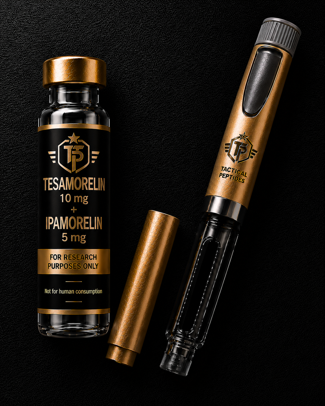 Black bottle of Tactical Peptides TB-500/TB-500 blend with gold cap on dark American flag background