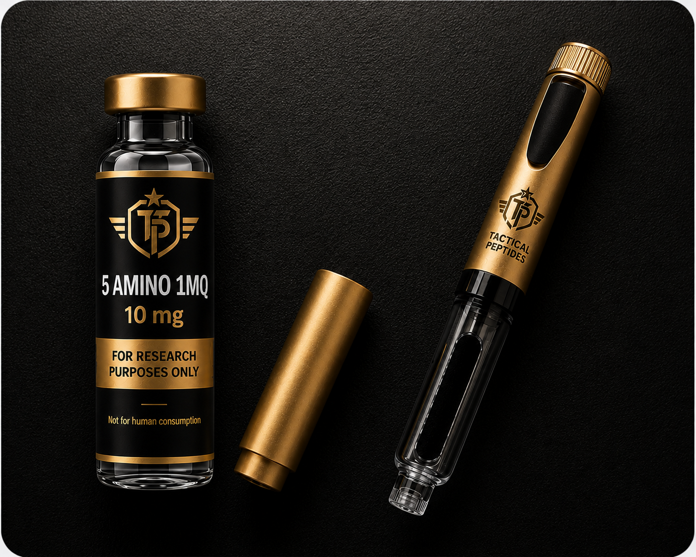 Black-and-gold bottle labeled “Tactical Peptides 5-Amino-1MQ 10mg” on a dark American flag background