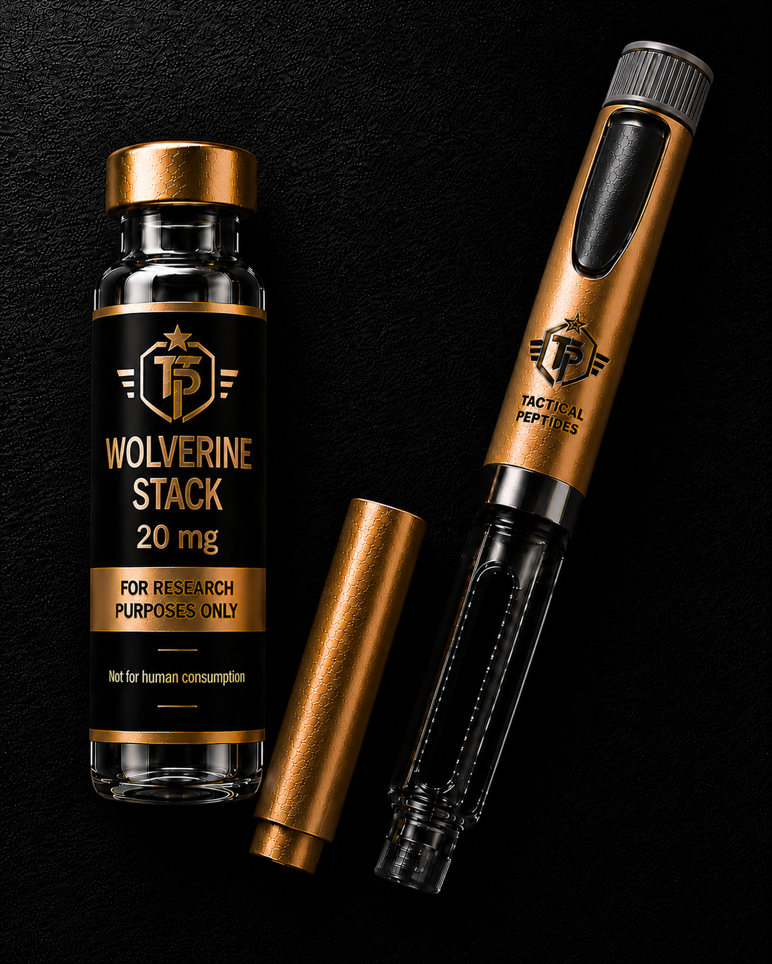 Black supplement bottle labeled Tactical Peptides Wolverine Stack 20mg on a dark background