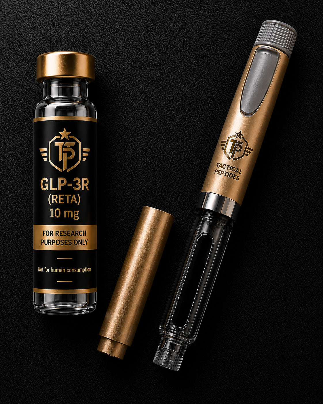 Bottle of Tactical Peptides GLP-3R 10MG on a dark background