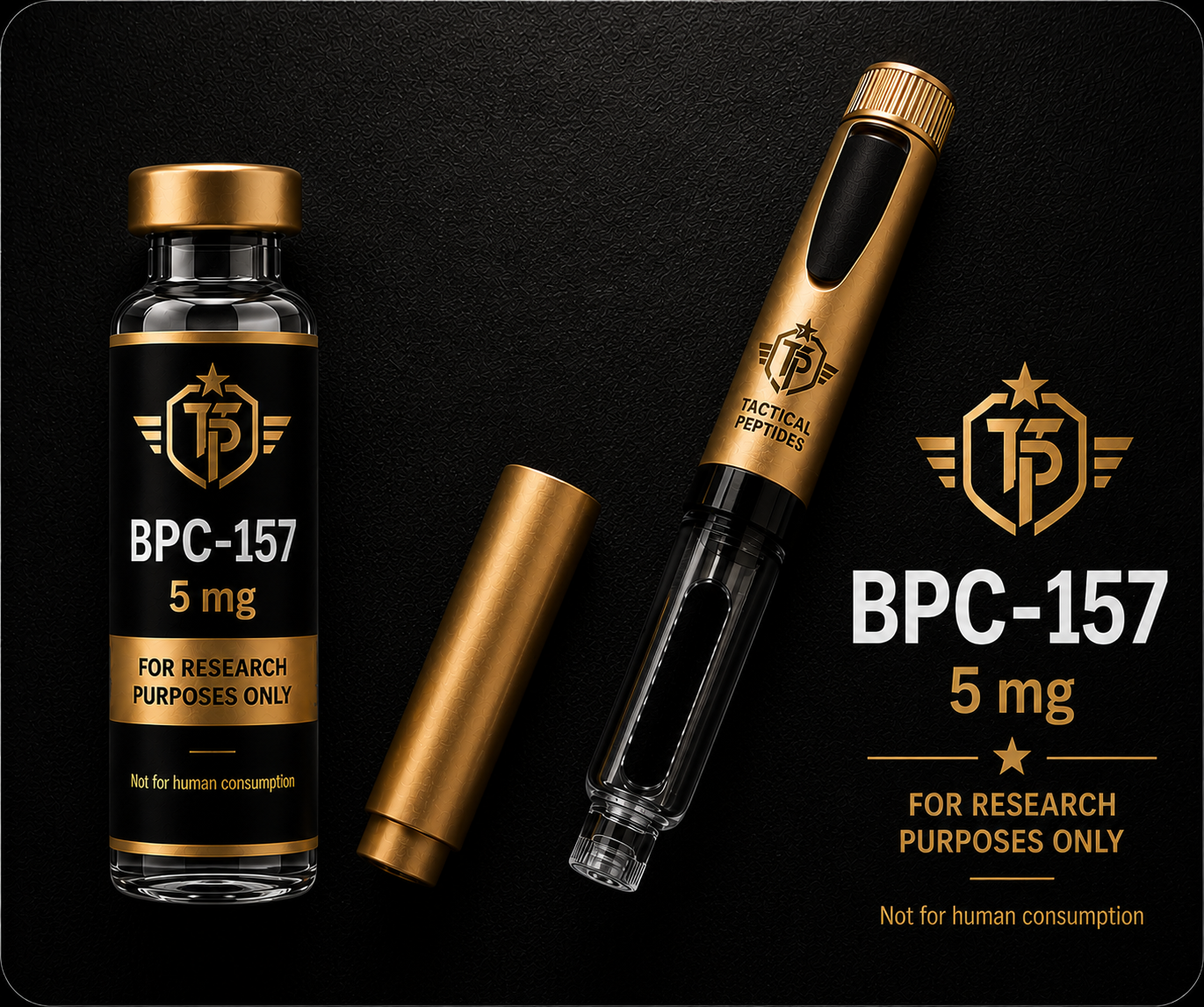 Black bottle labeled “TACTICAL PEPTIDE BPC-157 5MG” with gold cap on dark background