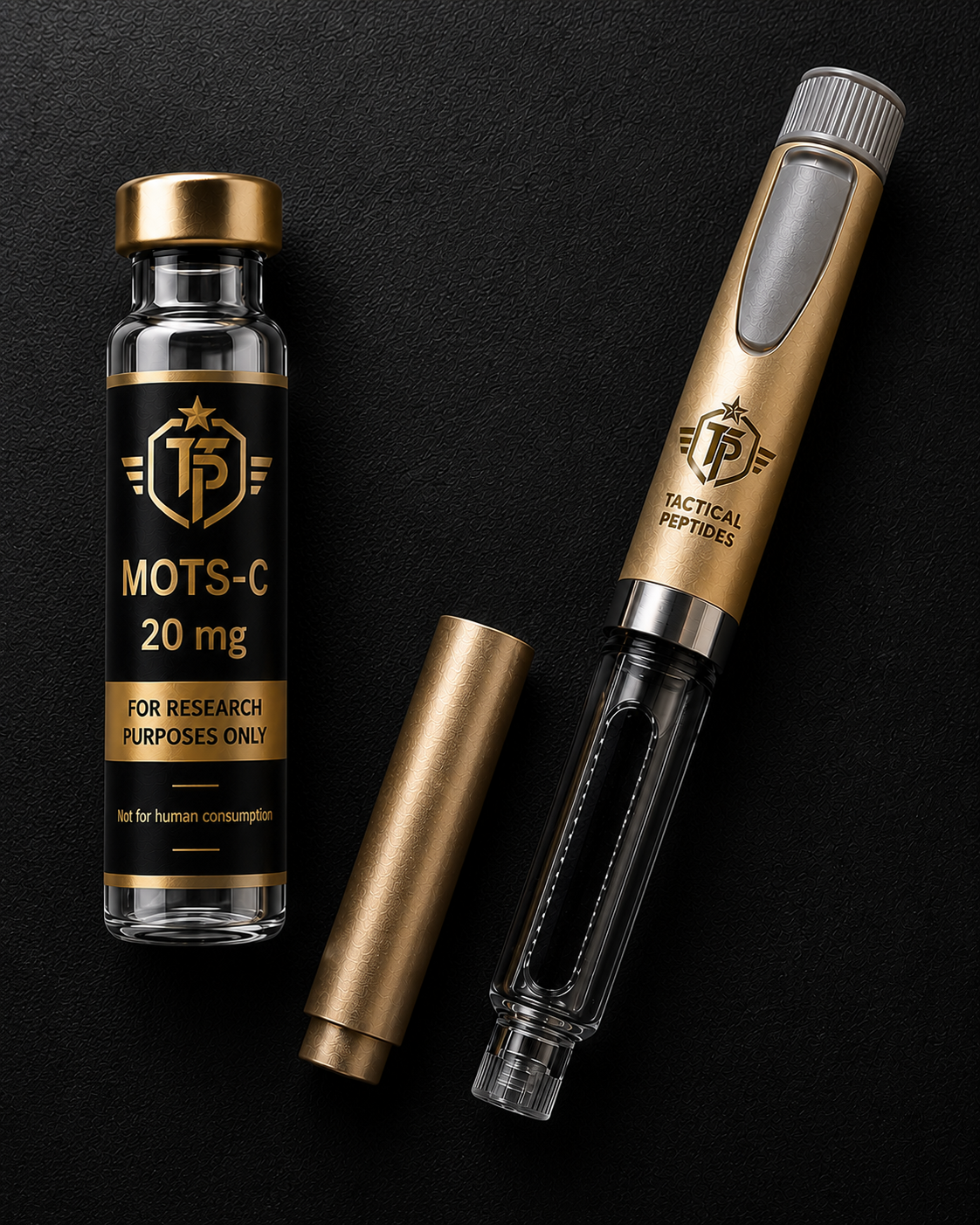 Dark supplement bottle labeled “TACTICAL PEPTIDES MOTS-C 20MG” on a black background.