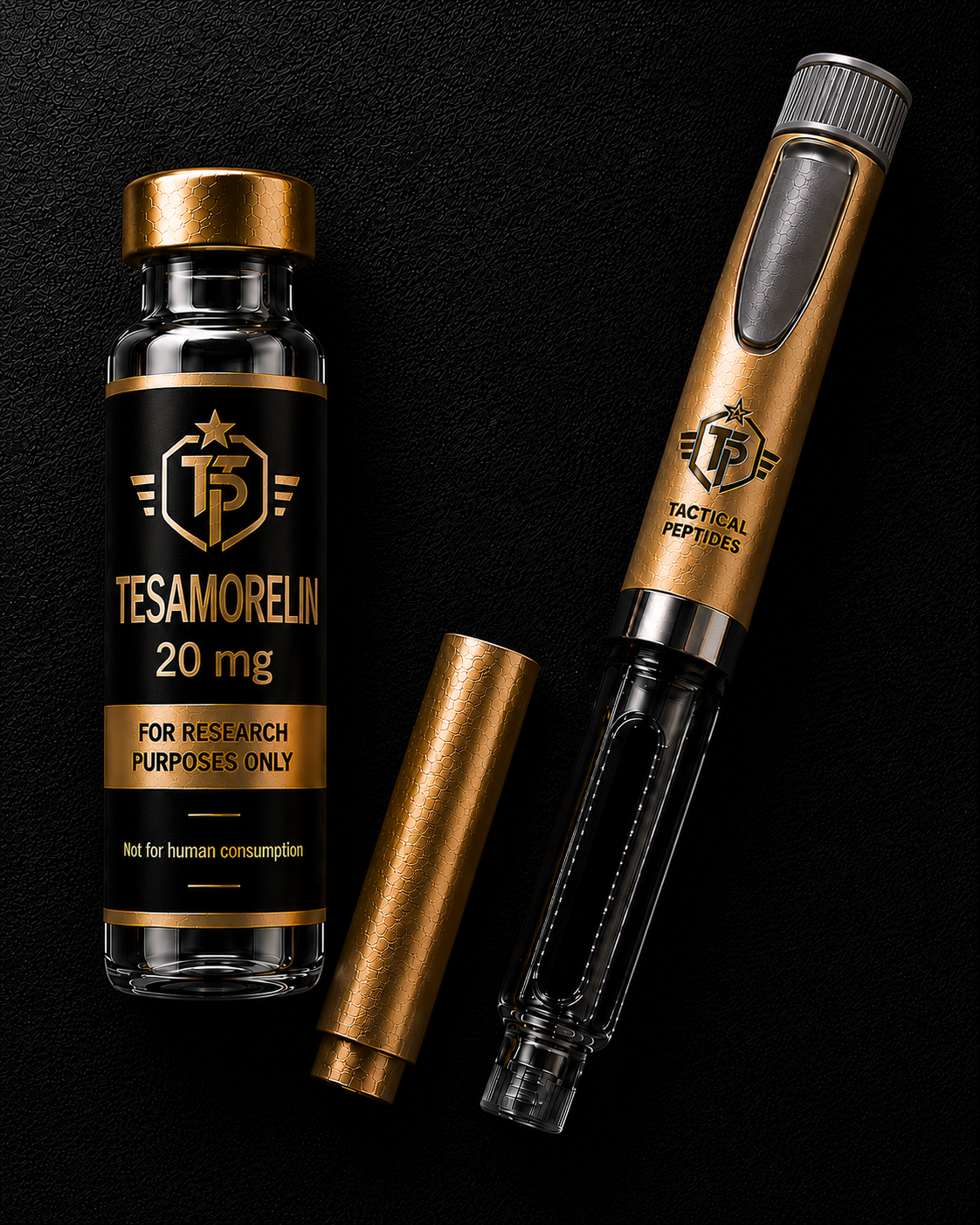 Black Tactical Peptides Tesamorelin 20mg vial on dark background