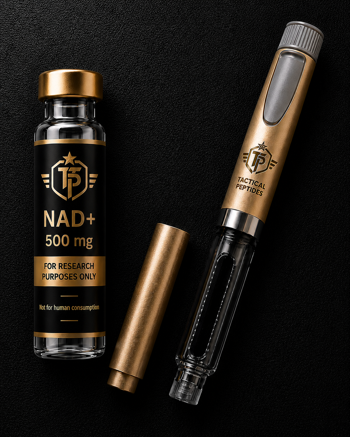 Black Tactical Peptides NAD+ 500mg supplement bottle on dark background