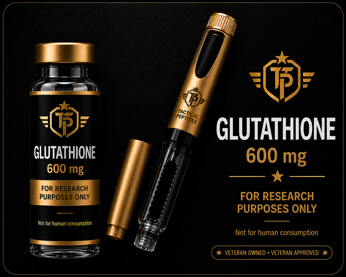Black supplement bottle labeled “Tactical Gluten 600mg” on a dark, military-themed background