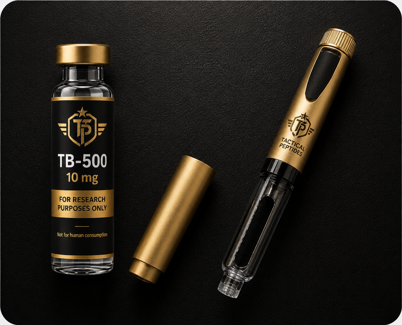Black Tactical Peptides TB-500 10MG bottle with gold label and cap on a dark American flag background