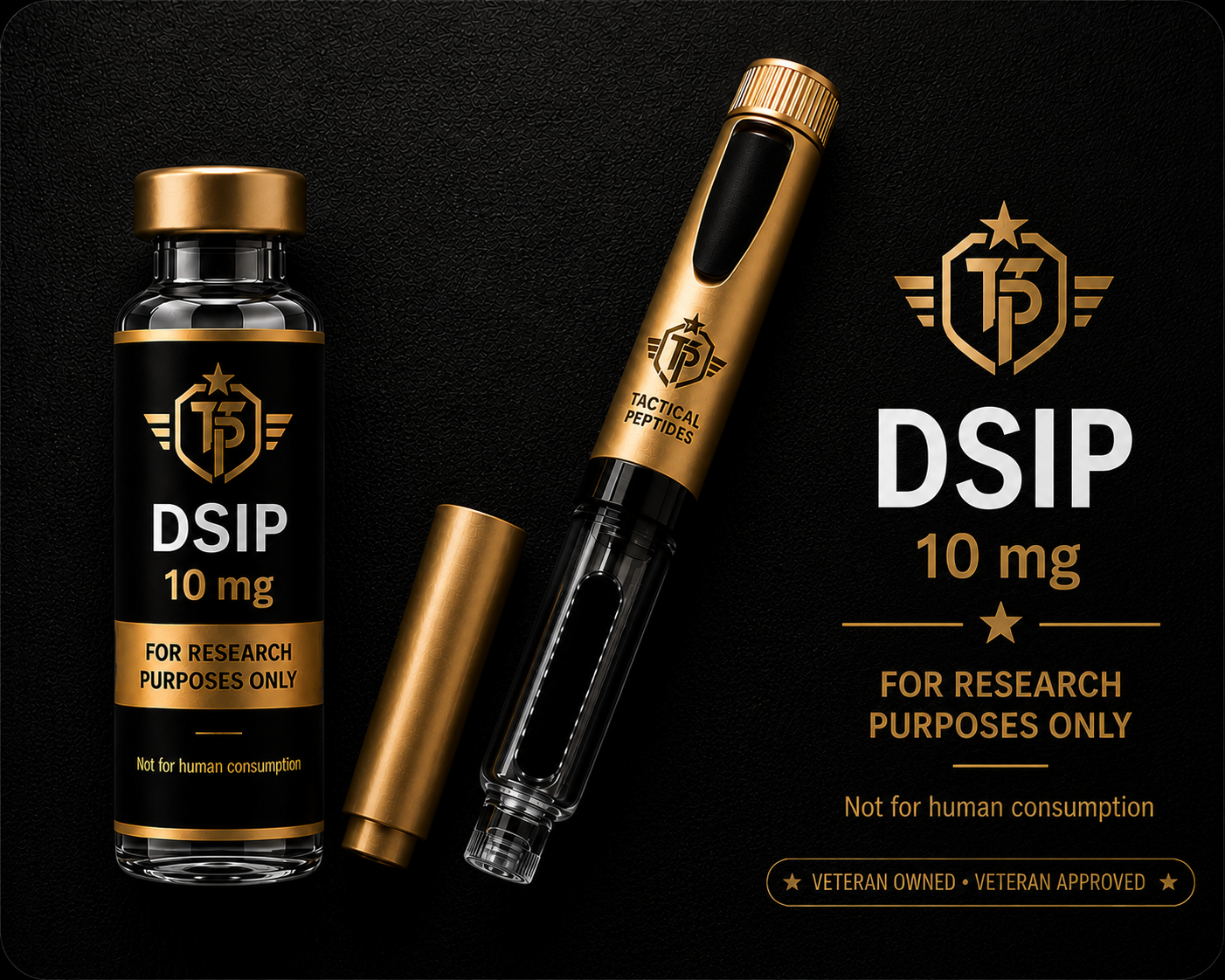 Black bottle of Tactical Peptide DSIP 10MG with gold cap on a dark tactical background