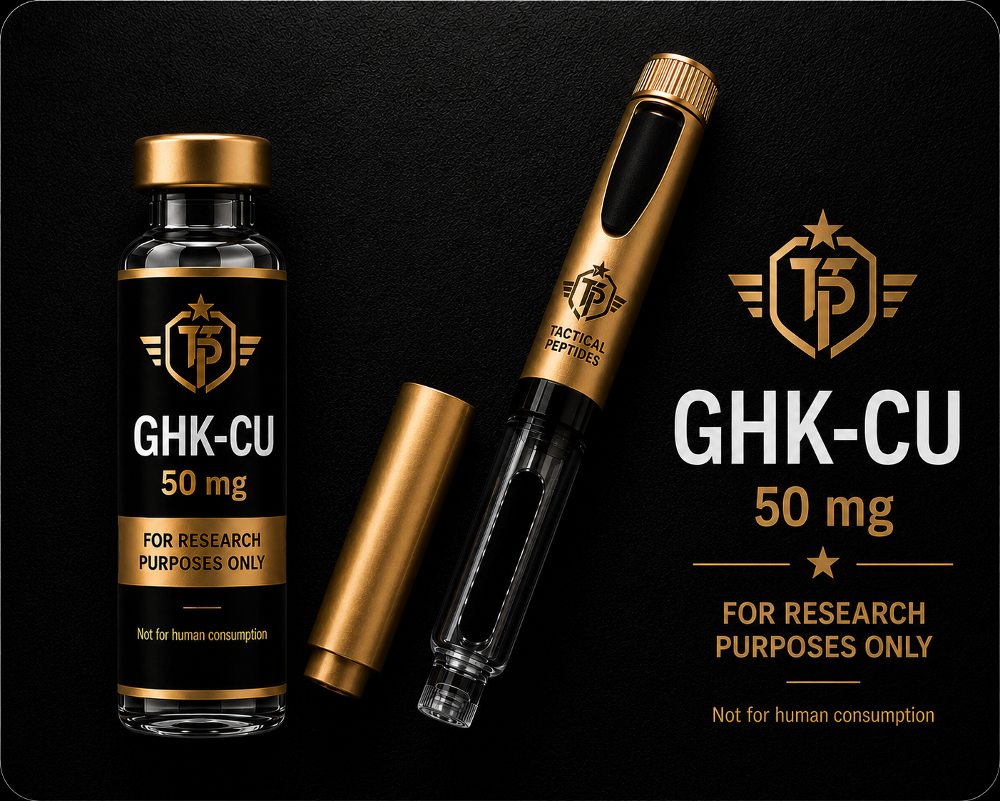 Black supplement bottle labeled “Tactical Peptides GHK-CU 50mg” on a dark, tactical-style background