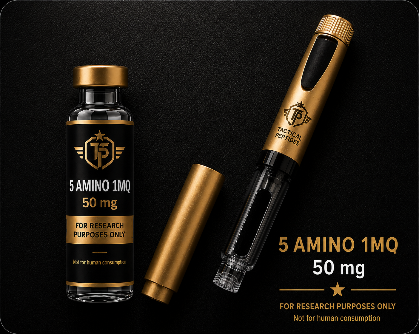 Black Tactical Optics 5 Amino 1M bottle with gold cap on dark backdrop