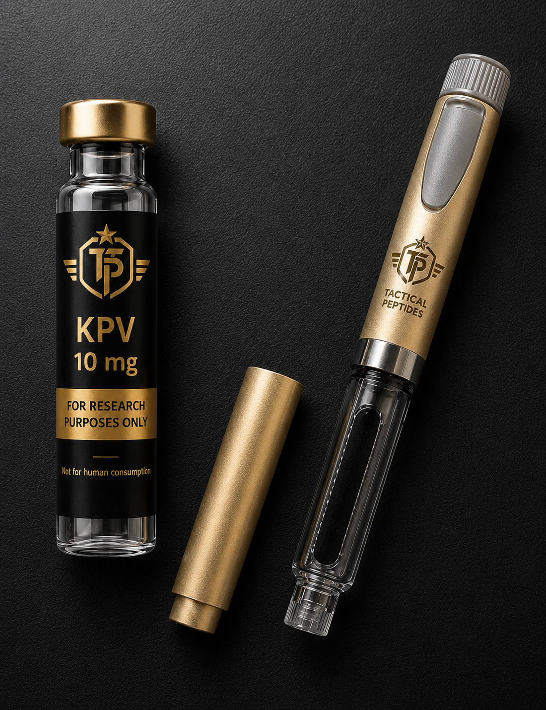 Black Tactical KPV 10MG bottle with gold label on a dark, military-style background