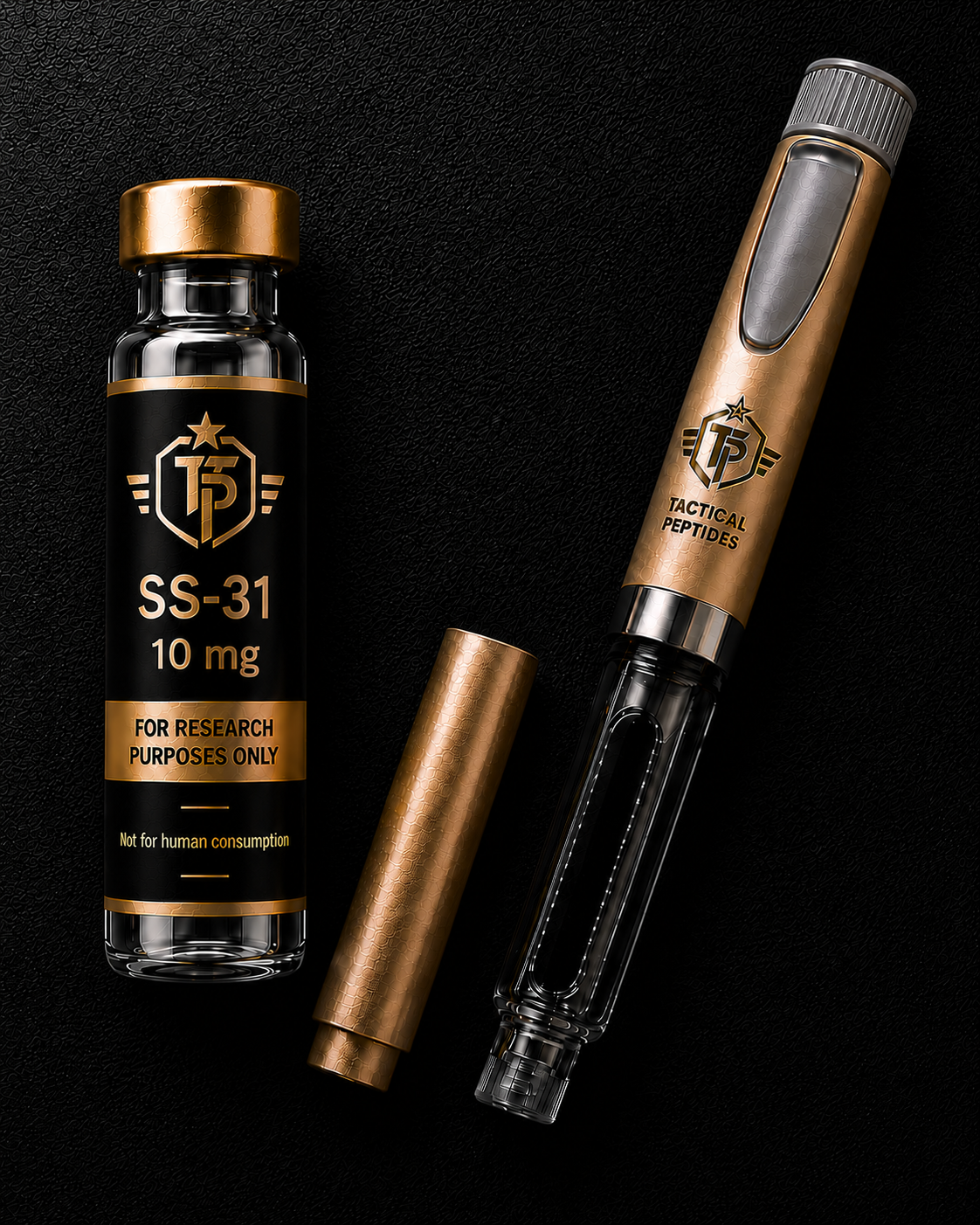 Black Tactical Force SS-31 10mg supplement bottle with gold accents on dark background