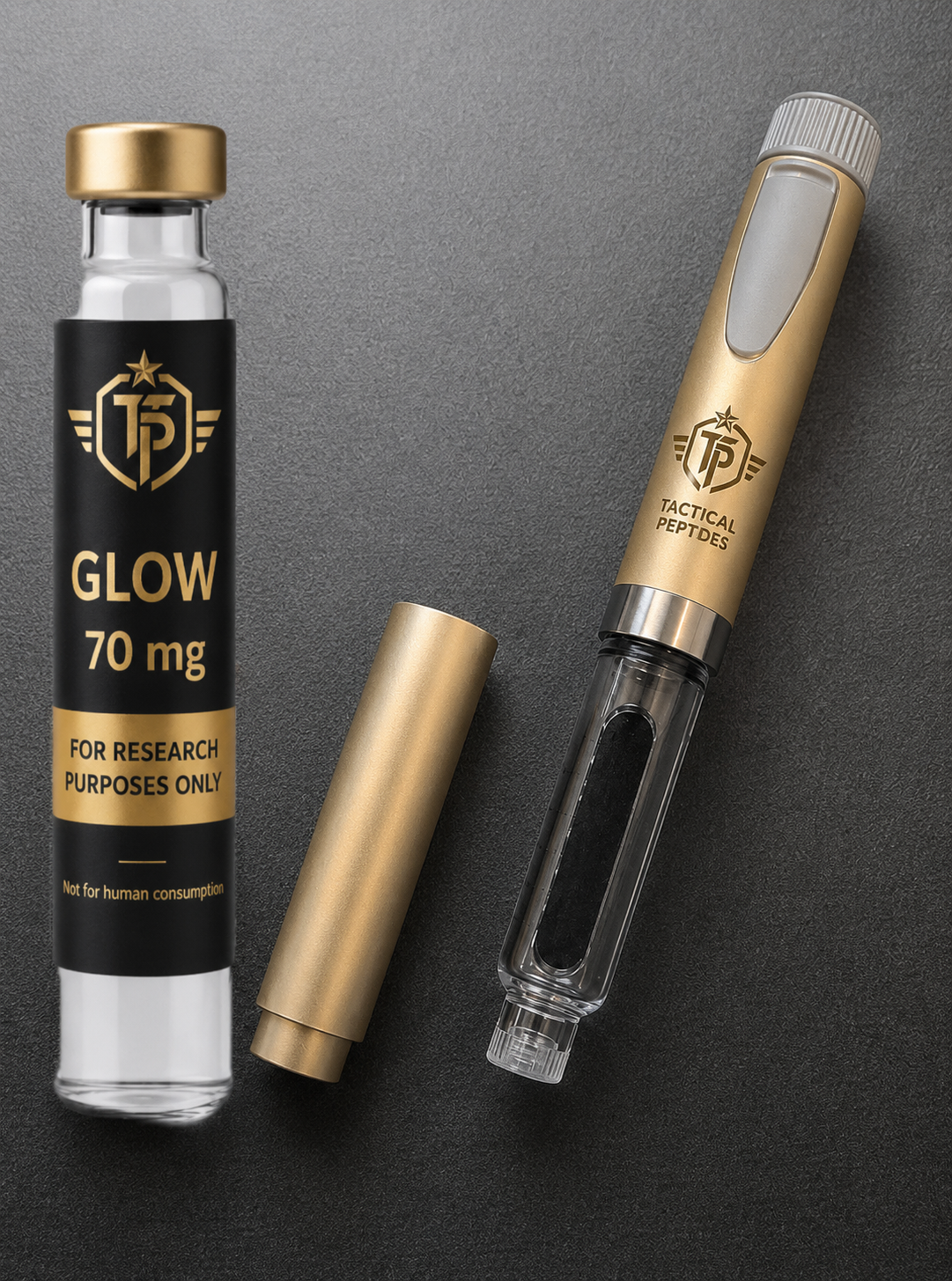 Black Tactical Petetics GLOW 50mg bottle with gold label on a dark background