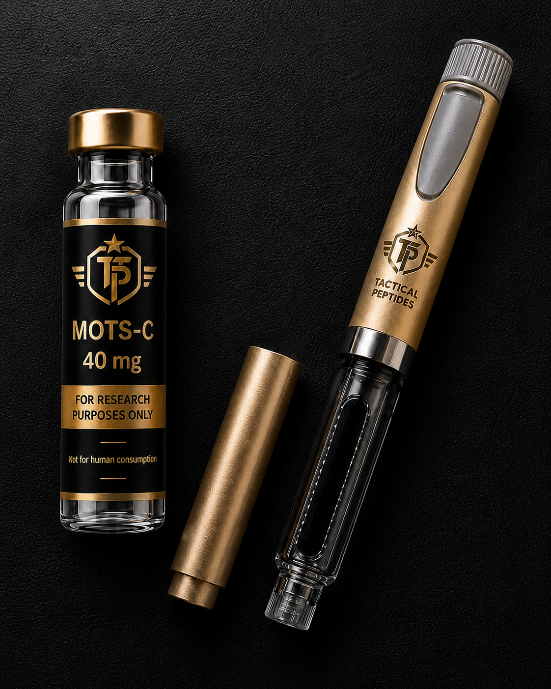 Black tactical peptide vial labeled “MOTS-C 40MG” on a dark background.