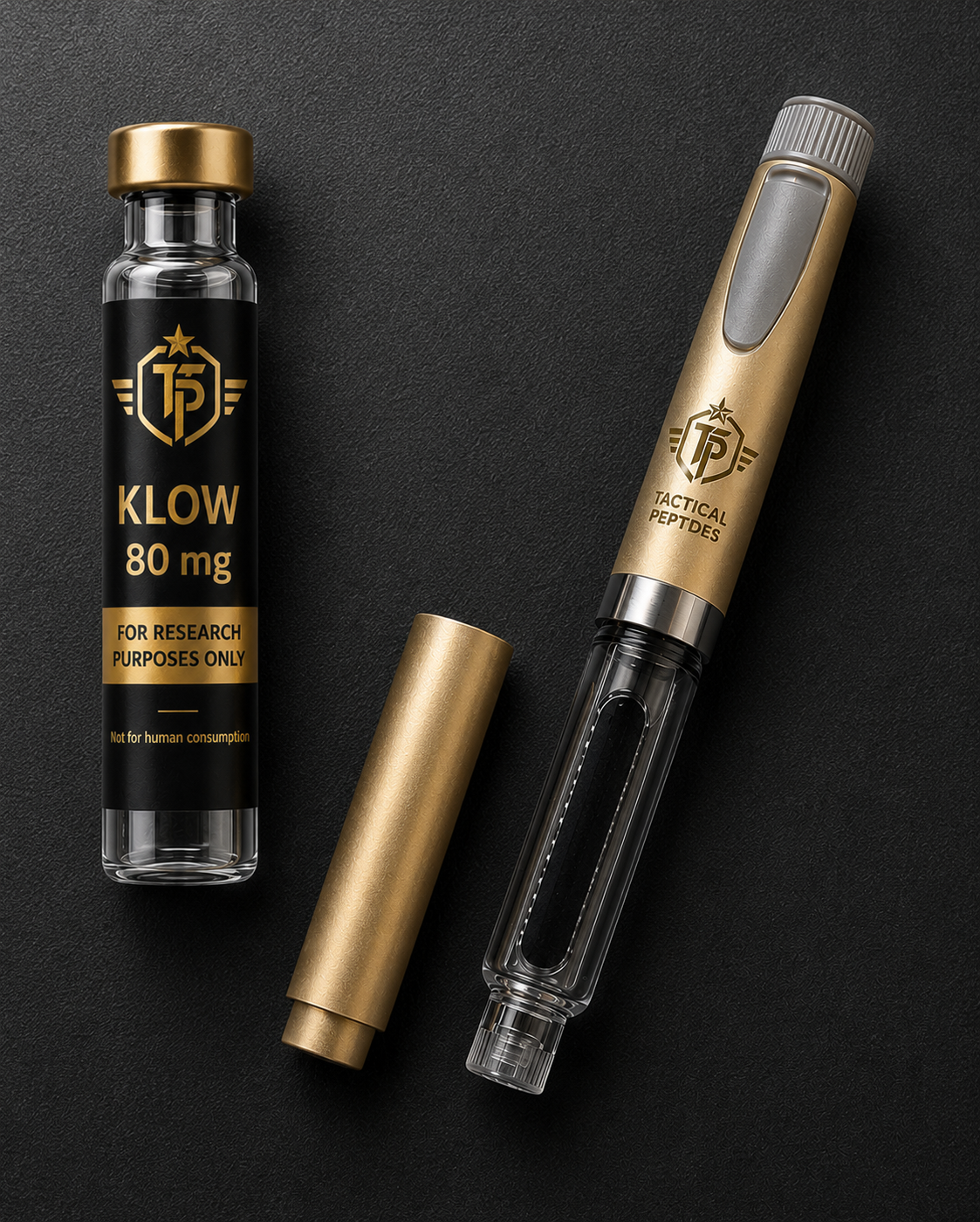 Black supplement bottle labeled “Tactical Supplements KLOW 70MG” on a dark background