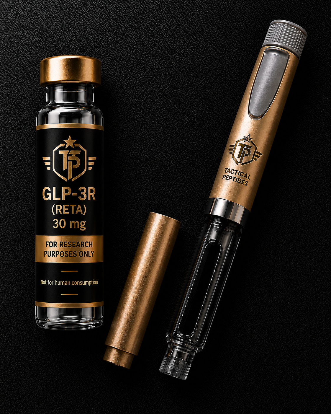 Black bottle labeled “TACTICAL PEPTIDE GLP-3R 30MG” on a dark tactical-themed background