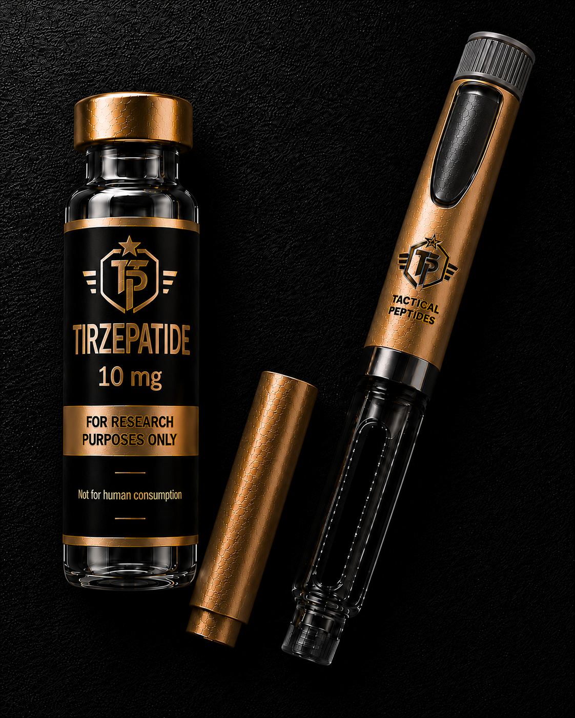 Black TACTICAL PEPTIDES tirzepatide 10mg bottle with gold label on dark tactical background