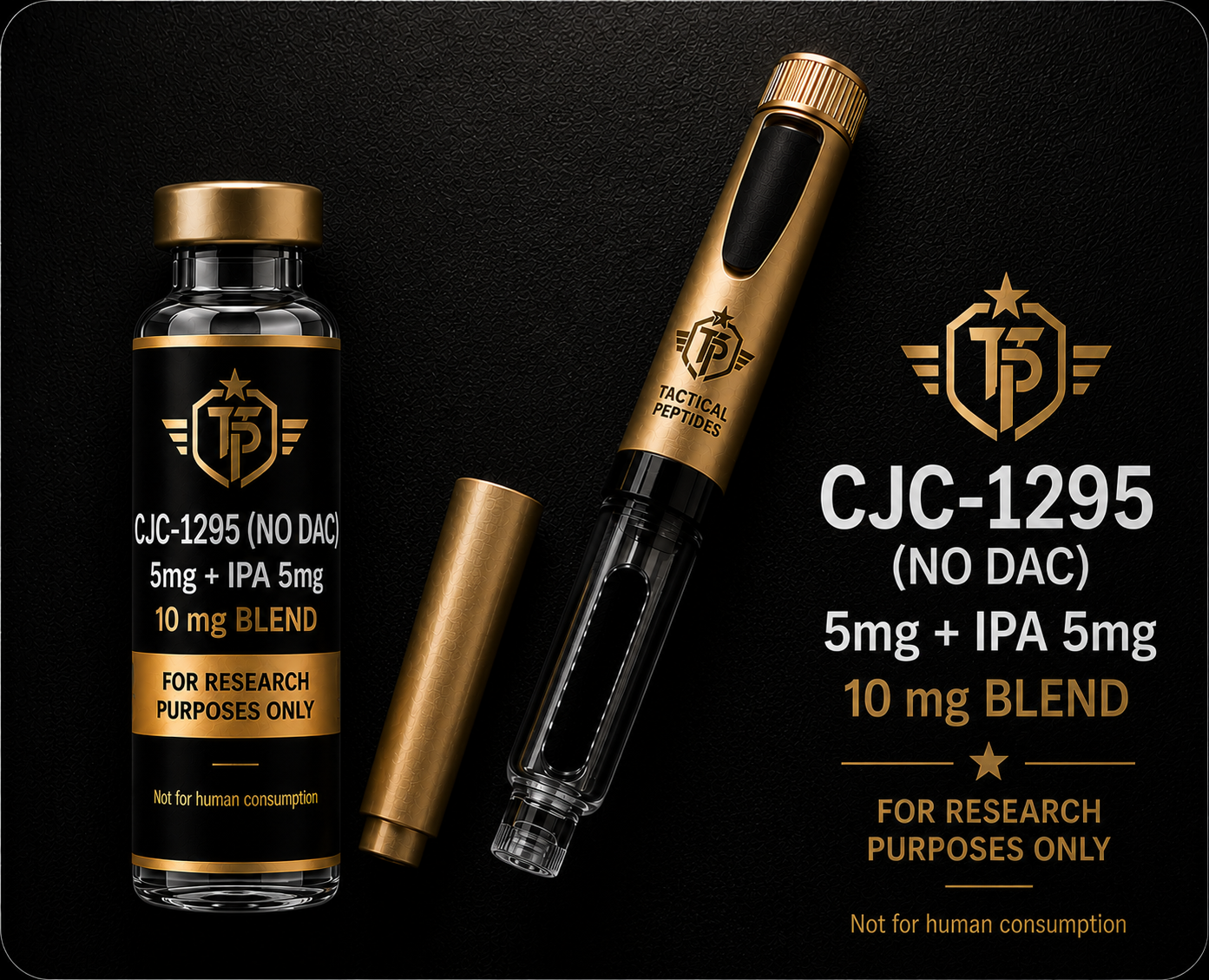 Black Tactical Peptides vial labeled “CJC-1295 (No DAC) + IPA 10mg” with gold cap on dark background