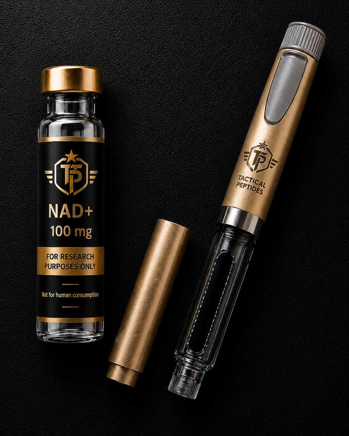 Black Tactical Peptides NAD+ 100MG vial with gold cap on dark background