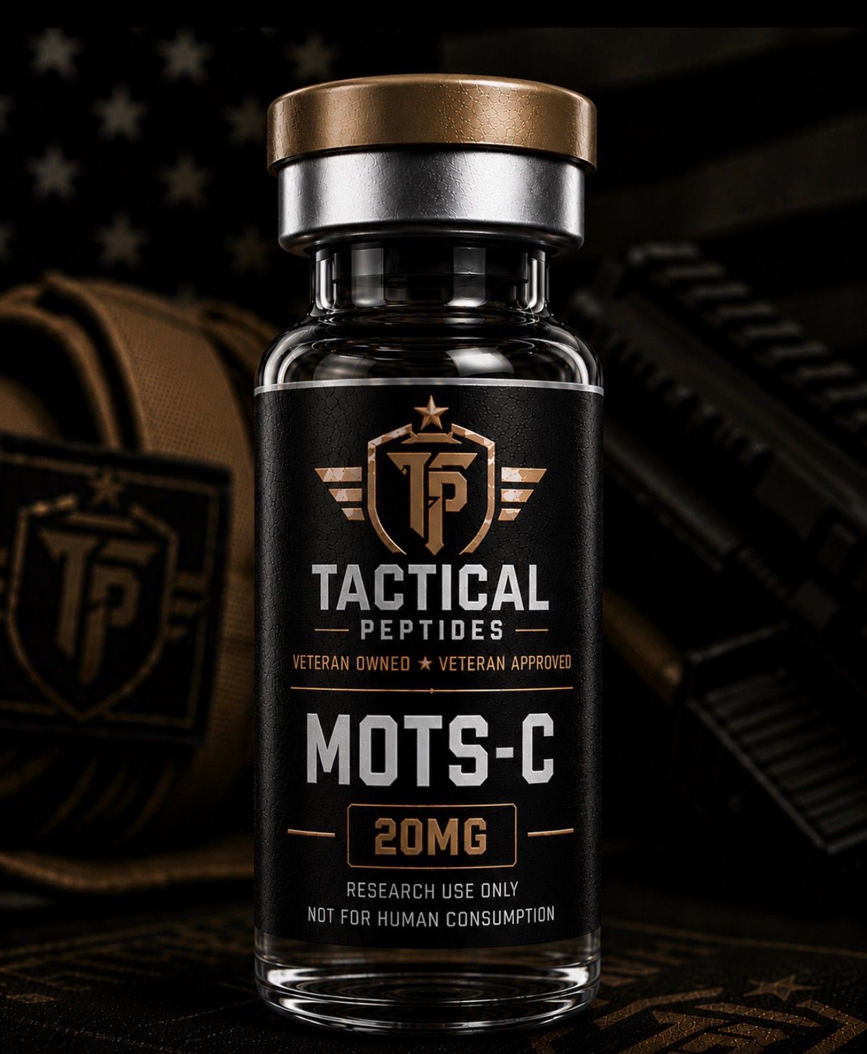 Dark supplement bottle labeled “TACTICAL PEPTIDES MOTS-C 20MG” on a black background.