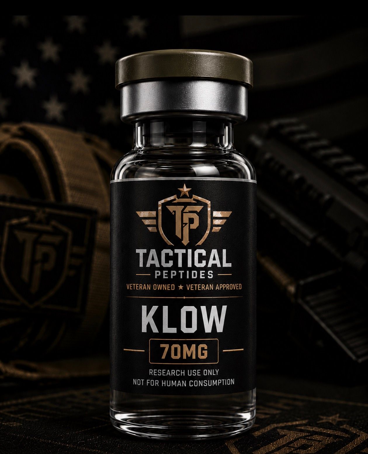 Black supplement bottle labeled “Tactical Supplements KLOW 70MG” on a dark background