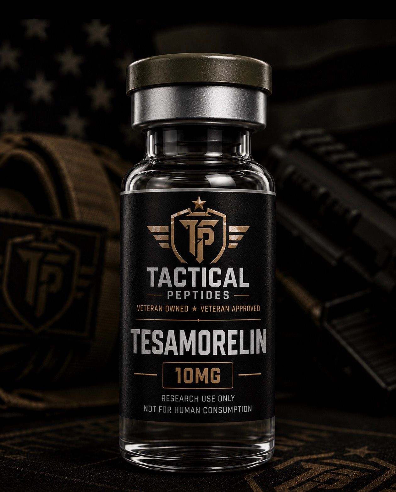 Black bottle of Tactical Peptides Tesamorelin 10mg on a dark, moody background