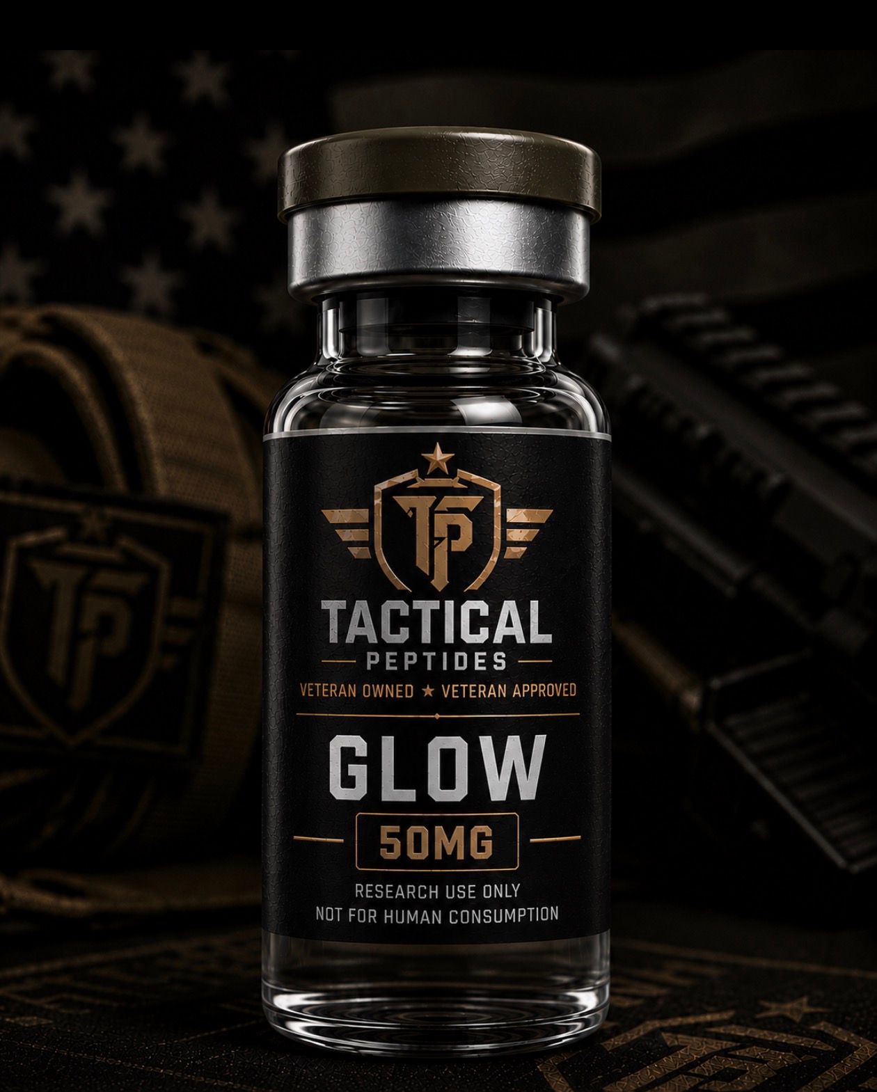 Black Tactical Petetics GLOW 50mg bottle with gold label on a dark background