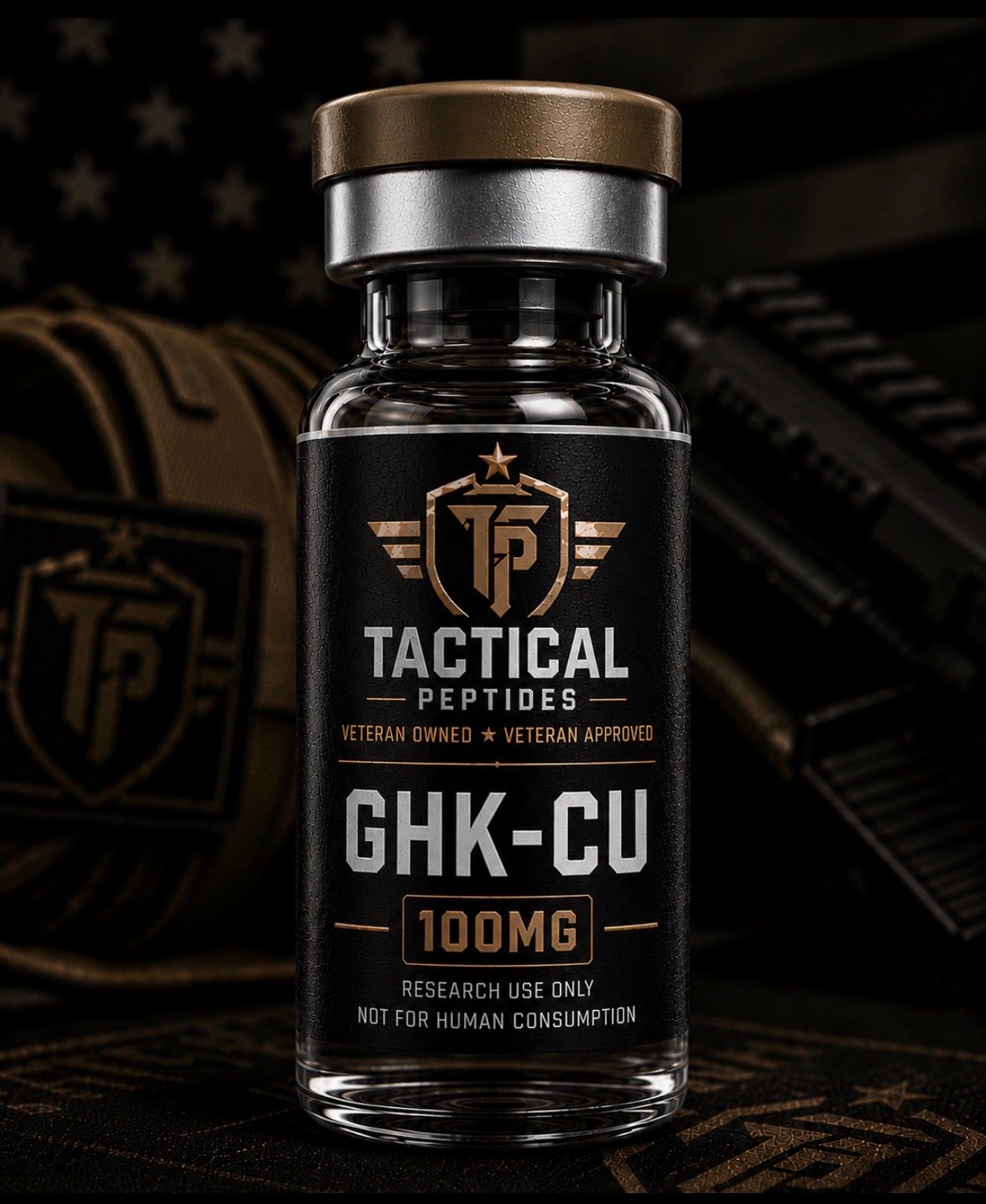 Dark supplement bottle labeled “TACTICAL PEPTIDES GHK-CU 100MG” on a dark background