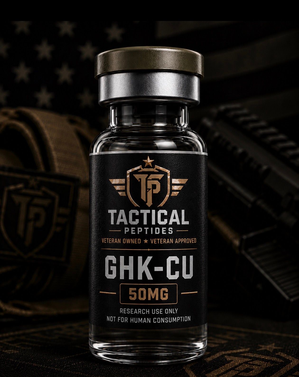 Black supplement bottle labeled “Tactical Peptides GHK-CU 50mg” on a dark, tactical-style background