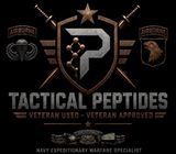 Tactical Peptides logo with shield, star, and military insignia on black background; “Veteran Used, Veteran Approved” text.