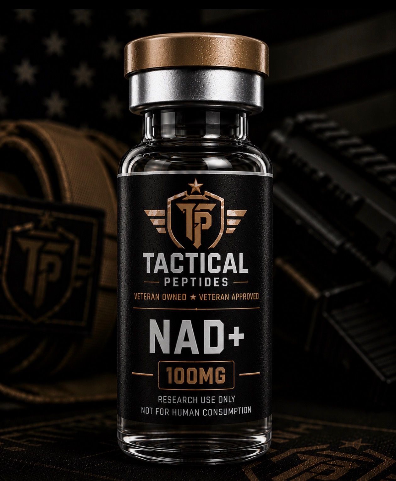 Black Tactical Peptides NAD+ 100MG vial with gold cap on dark background