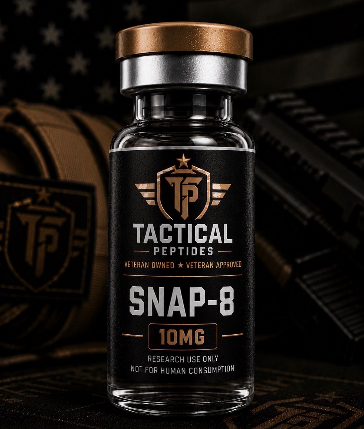 Black supplement bottle labeled “Tactical Peptides SNAP-8 10mg” with gold cap on a dark background