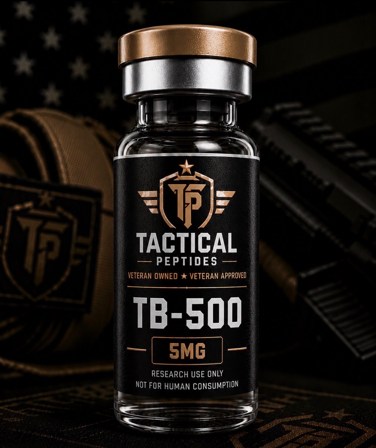 Black Tactical Peptides TB-500 5mg vial with gold cap on dark background