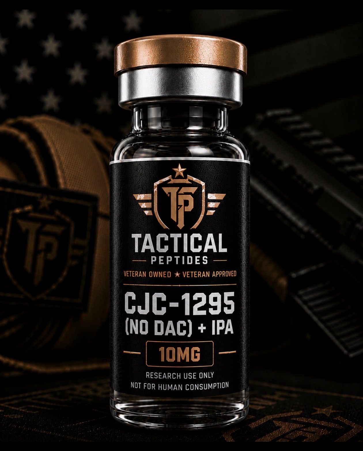 Black Tactical Peptides vial labeled “CJC-1295 (No DAC) + IPA 10mg” with gold cap on dark background
