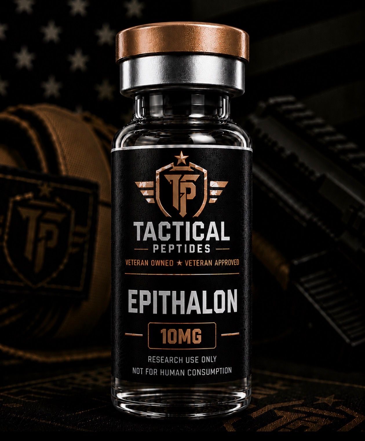 Black supplement bottle labeled “TACTICAL PEPTIDES EPITHALON 10MG” with copper cap on dark background