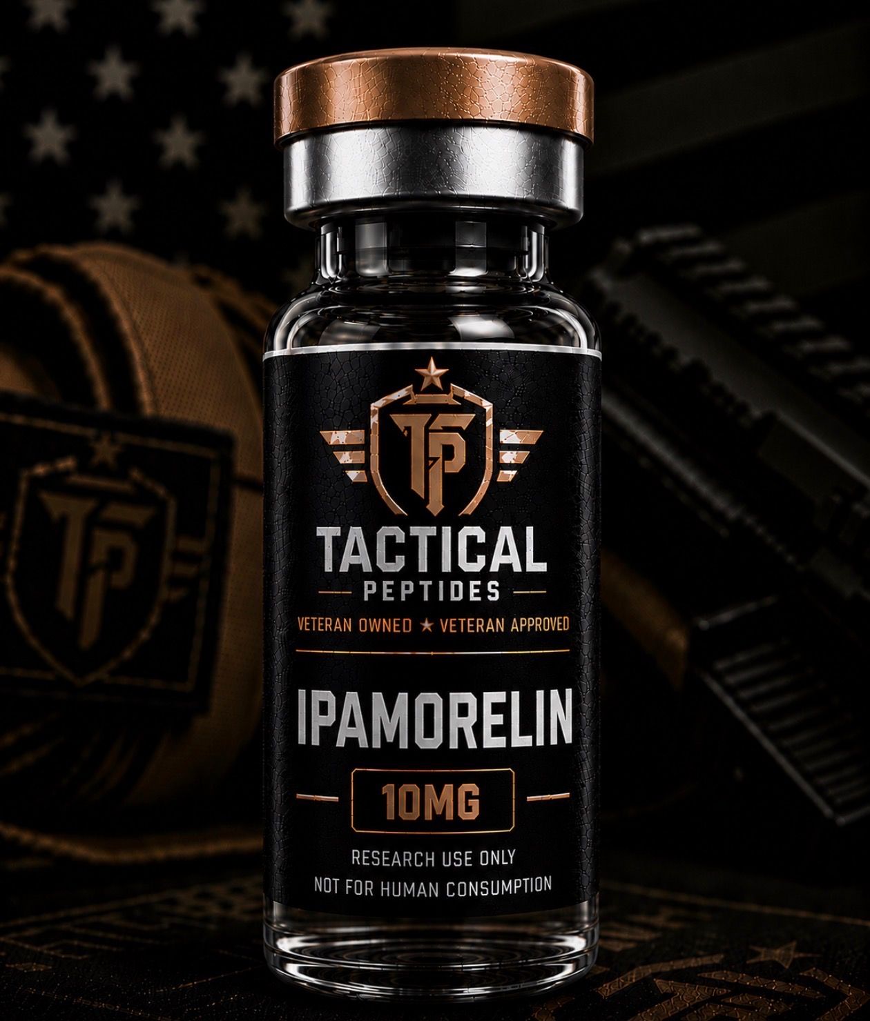 Black Tactical Peptides Ipamorelin 10mg vial with copper cap on dark military-themed background