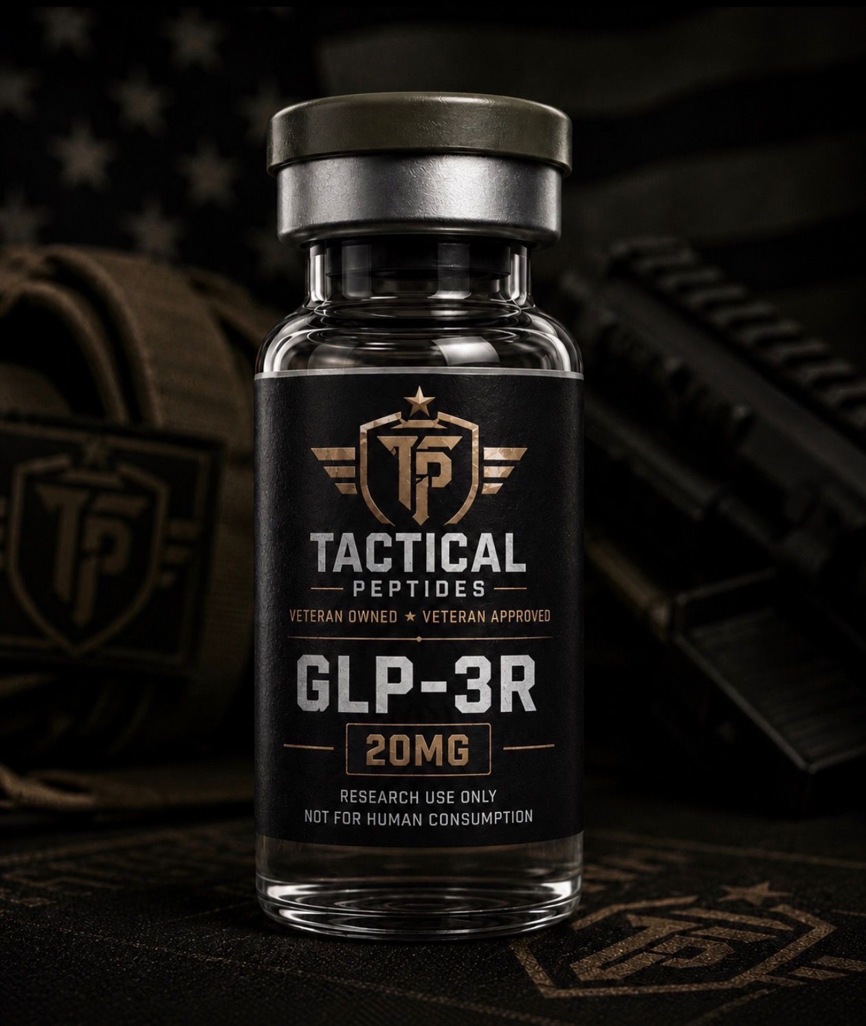 Black supplement bottle labeled “GLP-3R 20MG” with Tactical Peptides logo on a dark background