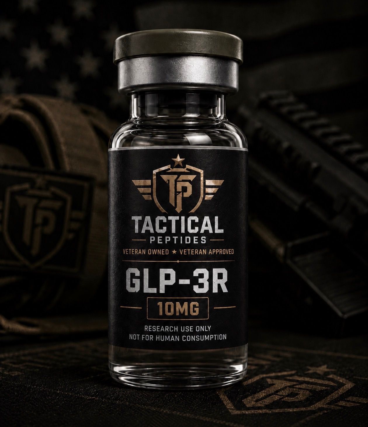 Bottle of Tactical Peptides GLP-3R 10MG on a dark background