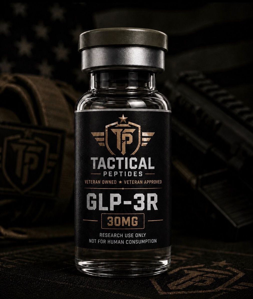 Black bottle labeled “TACTICAL PEPTIDE GLP-3R 30MG” on a dark tactical-themed background
